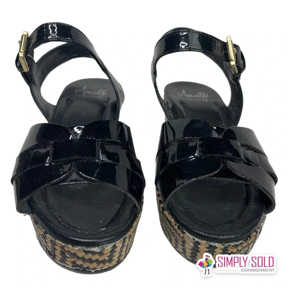 Amalfi By Rangoni Monna Vernice Sandals Womens 6M Black Brown Wedge‎ Shoes